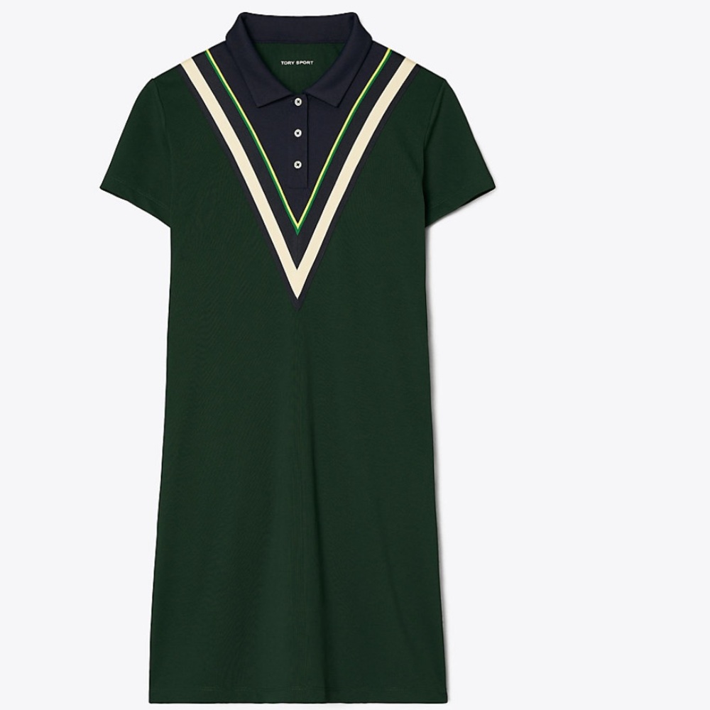 Tory Sport Dark Green Polo Dress with V Stripe, size L